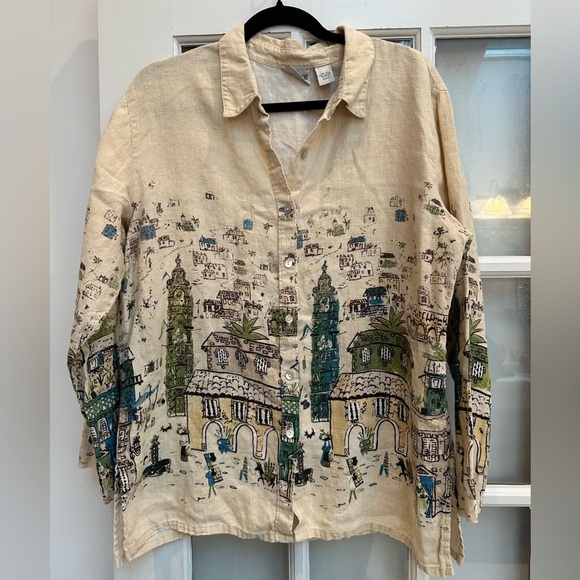 Chico's Art To Wear 100% Linen Pueblo South American Landscape Blouse Size Large - Picture 1 of 14